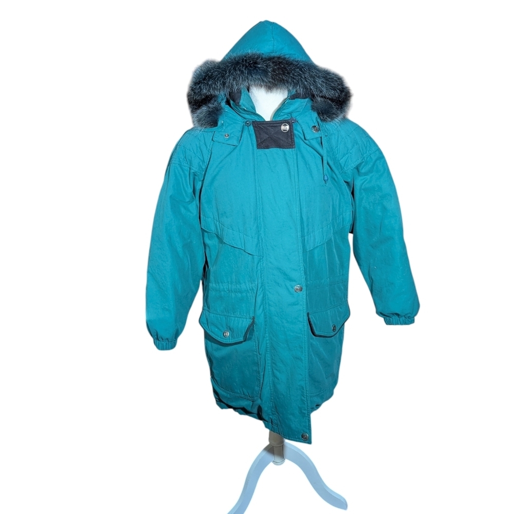 vtg Down Filled Hooded Winter Coat Green Cyclone Faux Fur Hood Canada Made Sz S